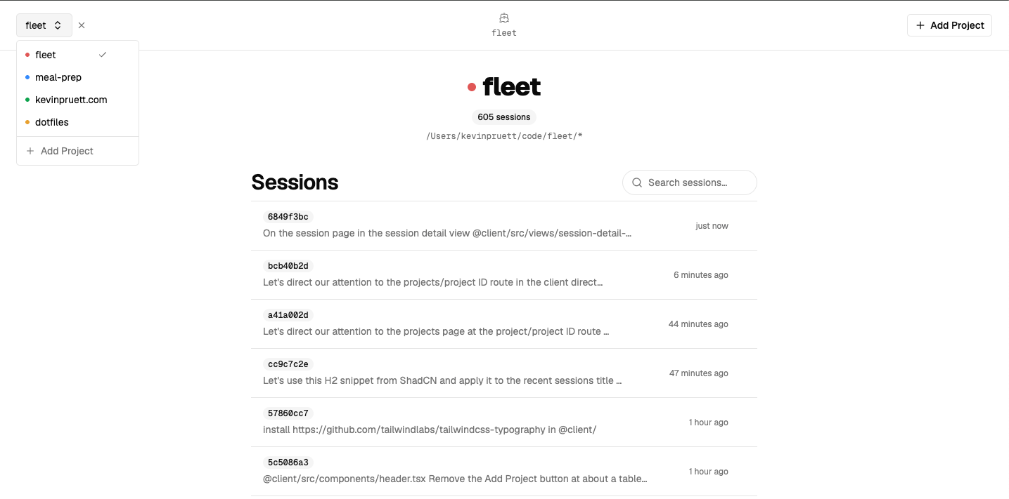 Fleet dashboard showing session list with project sidebar and search