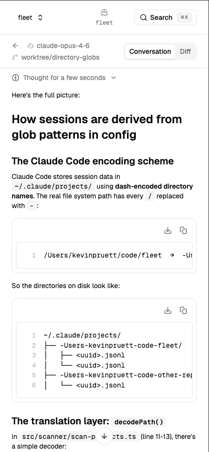 Fleet mobile view showing session details on a smaller screen